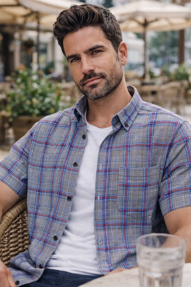 VARETTA Erkek Kısa Kollu Gömlek Gri Klasik Kesim Düğmeli Yaka Kareli