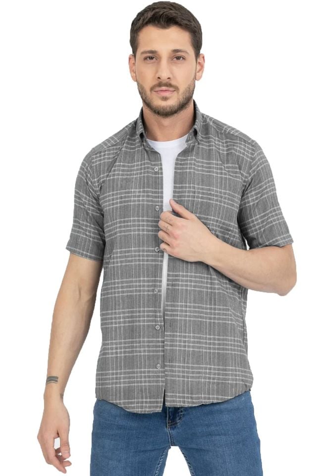 Varetta Erkek Yeşilmsi Gri Pamuklu Kısa Kollu Cepli Yazlık Gömlek