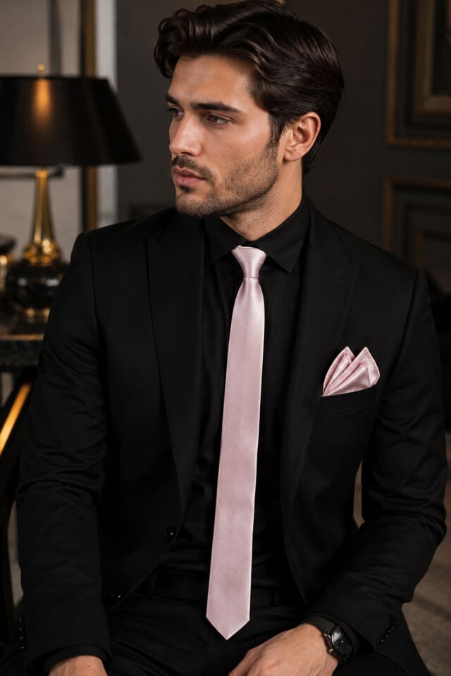 Varetta Erkek Pudra Pembe Mendilli Kravat Slim Fit Kesim ve Kravat Askısı Hediyeli