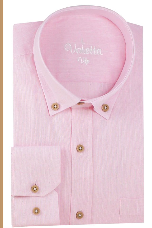 Varetta Erkek Pembe Keten Gömlek | %100 Pamuk, Uzun Kollu, Geniş Kesim, Tek Cepli