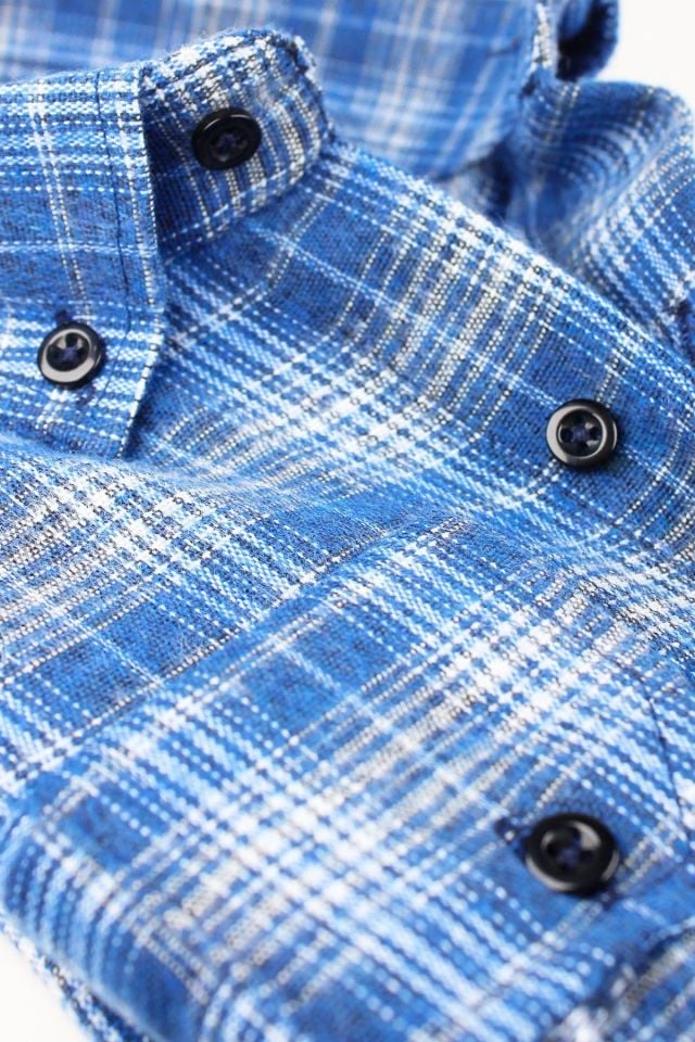 Varetta Erkek Mavi Kışlık Gömlek Kareli Klasik Kesim Yaka Düğmeli