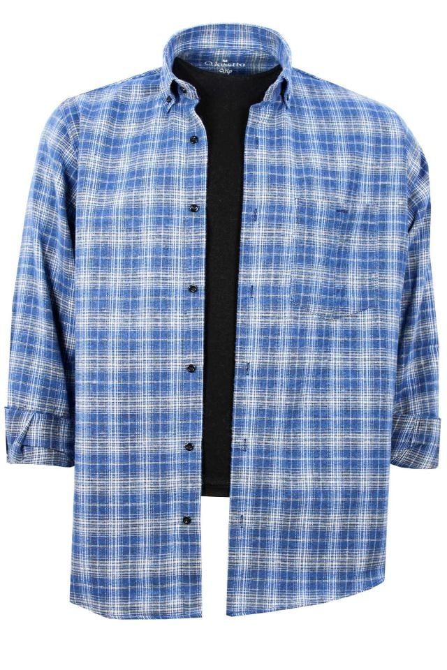 Varetta Erkek Mavi Kışlık Gömlek Kareli Klasik Kesim Yaka Düğmeli
