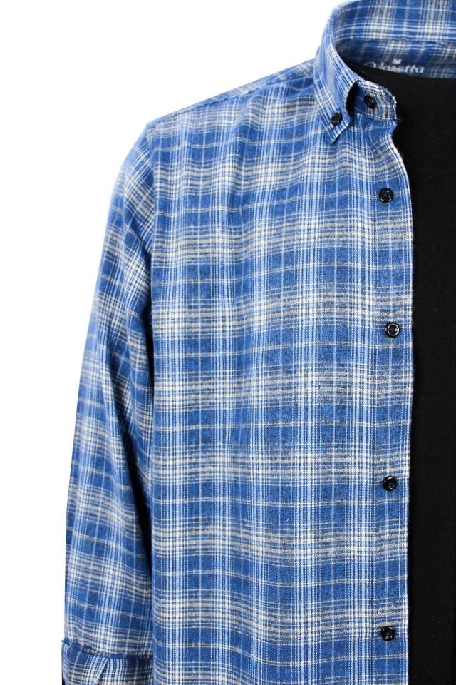 Varetta Erkek Mavi Kışlık Gömlek Kareli Klasik Kesim Yaka Düğmeli