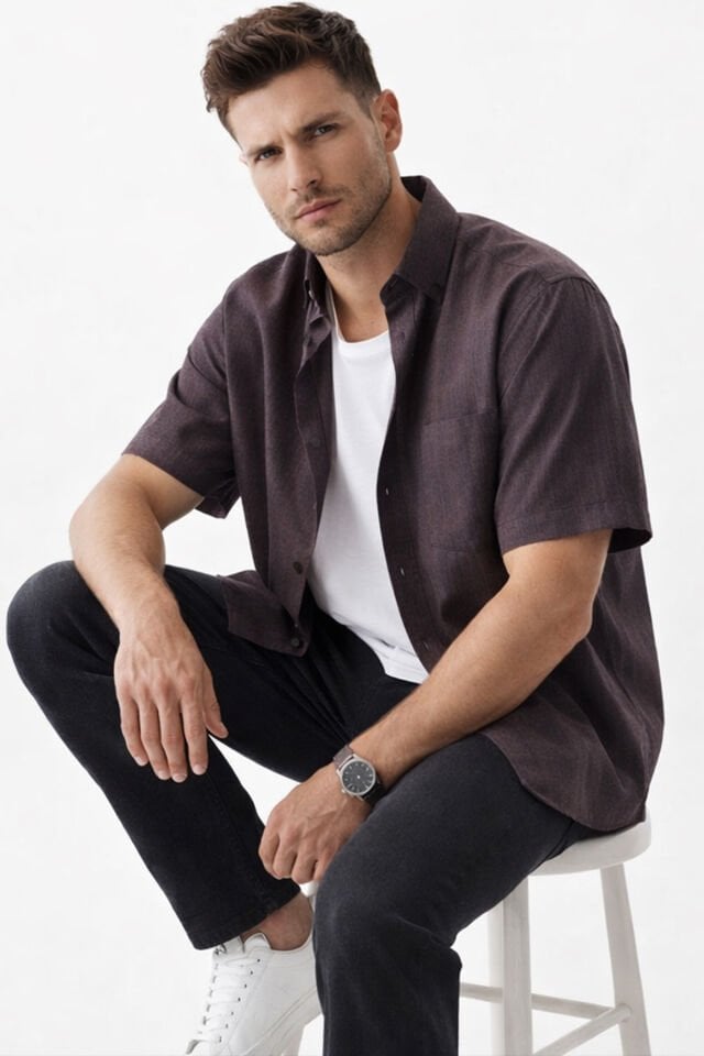 Varetta Erkek Bordo Kısa Kollu Cepli Yazlık Pamuklu Gömlek