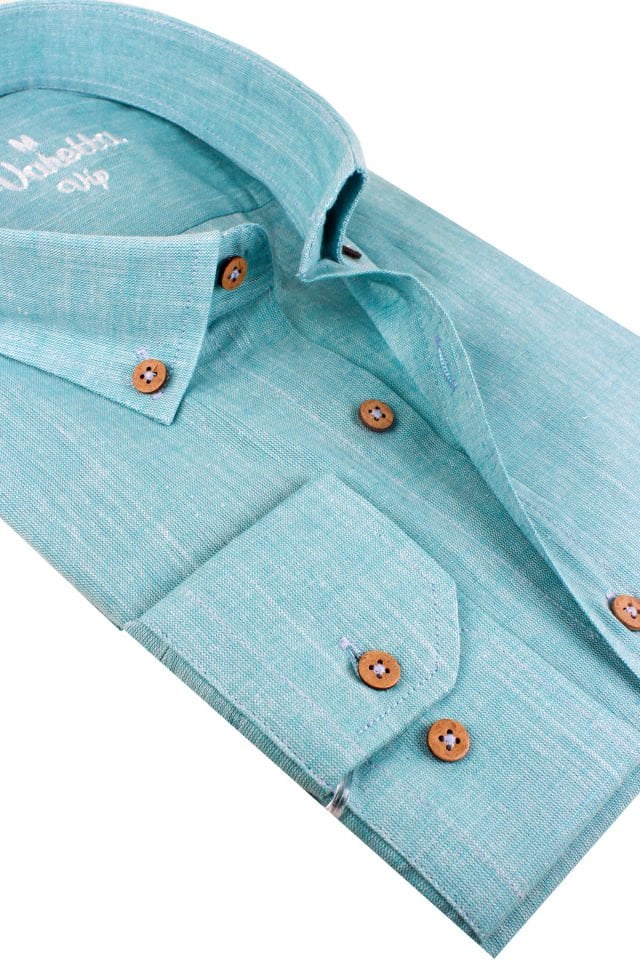 Varetta Erkek Turkuaz Keten Gömlek | %100 Pamuk, Uzun Kollu, Geniş Kesim, Tek Cepli