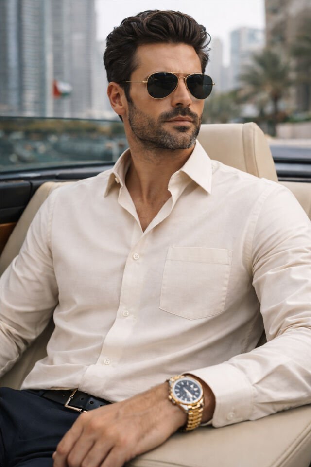 Erkek Krem Rengi Klasik Kesim Uzun Kollu Cepli Gömlek