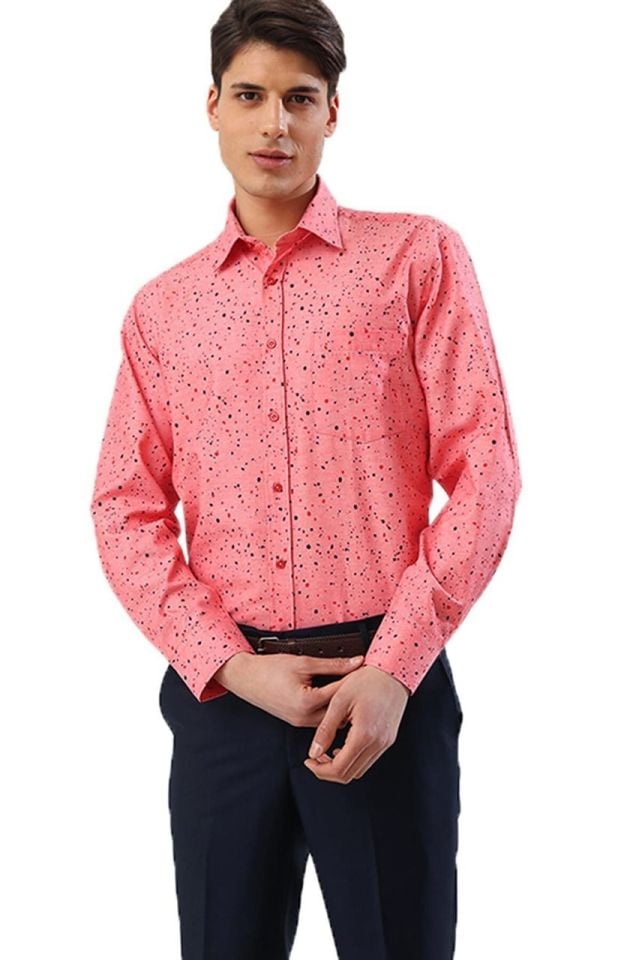 Erkek Pembe Digital Baskılı Klasik Kesim Uzun Kollu Gömlek