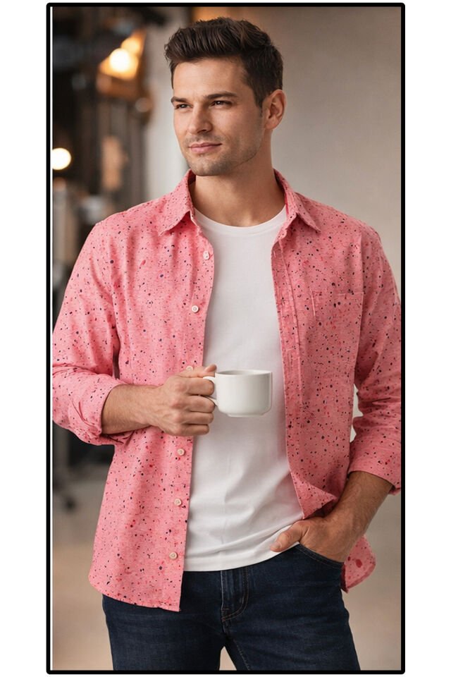 Erkek Pembe Digital Baskılı Klasik Kesim Uzun Kollu Gömlek