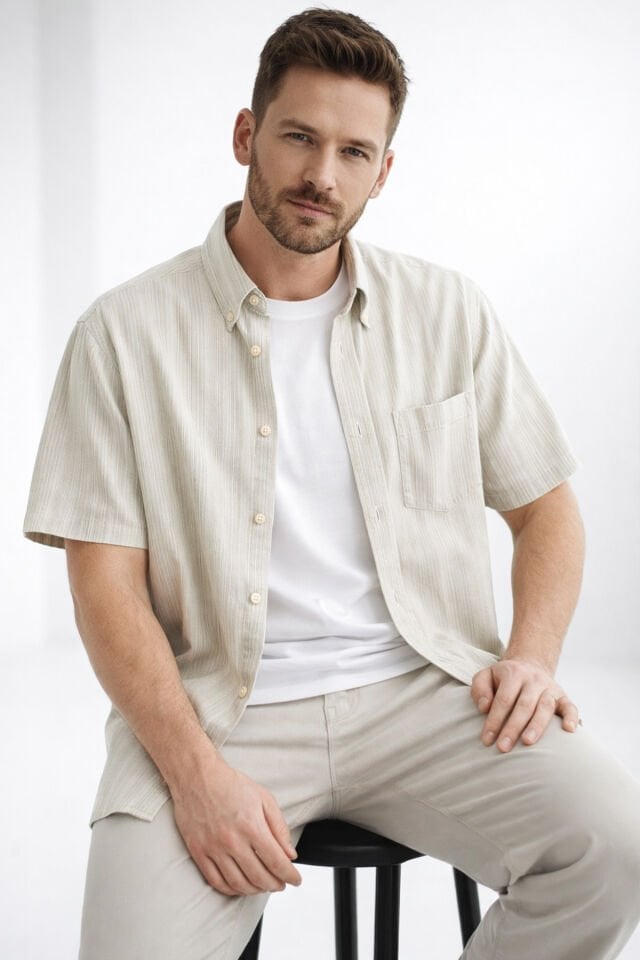 Varetta Erkek Bej Kısa Kollu Gömlek Cepli Yazlık Pamuklu