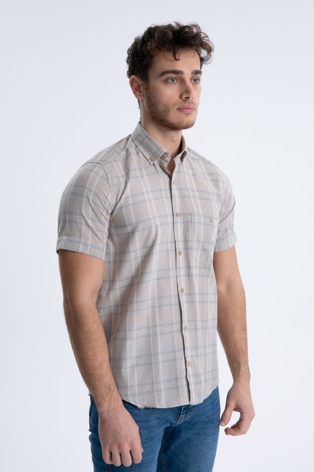 Varetta Erkek Bej Kısa Kollu Kareli Yazlık Pamuklu Gömlek