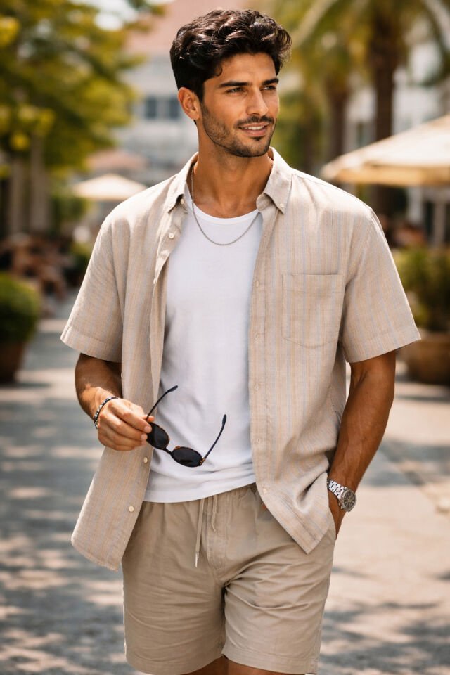 Varetta Erkek Bej Kısa Kollu Gömlek Yazlık Çizgili Cepli Pamuklu