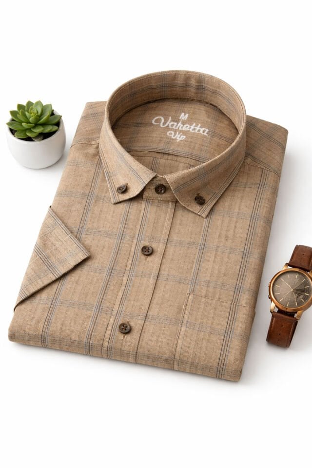 Varetta Erkek Kahverengi Gofre Kumaş Kısa Kollu Gömlek