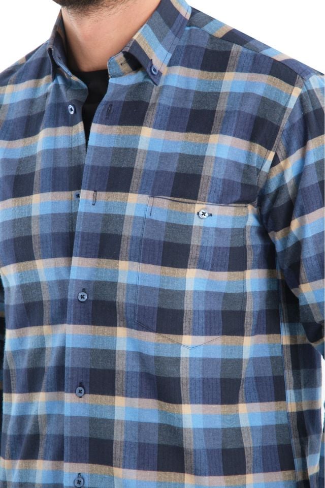 Varetta Erkek Mavi Kışlık Kareli Yünlü Cepli Geniş Kesim Gömlek