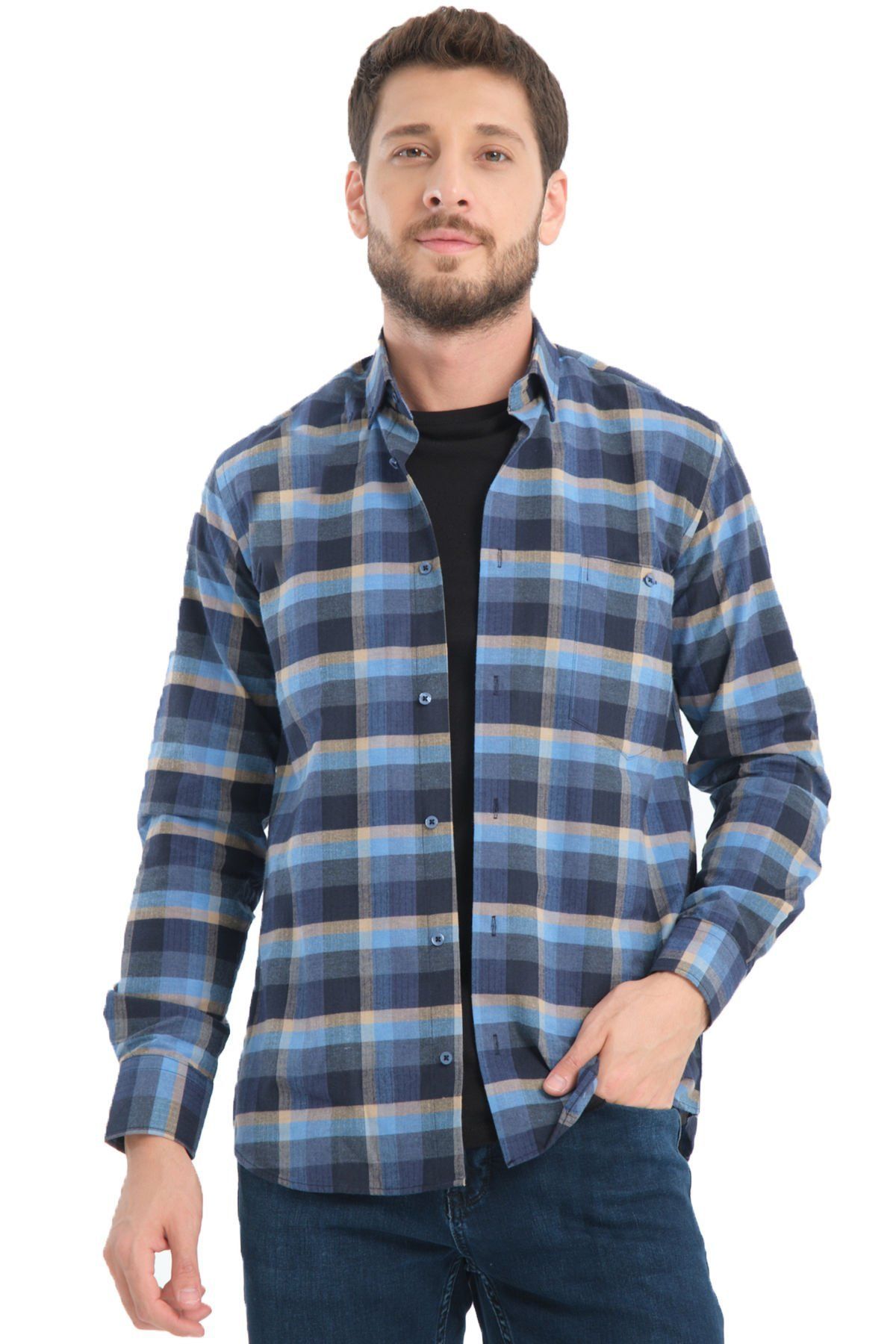 Varetta Erkek Mavi Kışlık Kareli Yünlü Cepli Geniş Kesim Gömlek