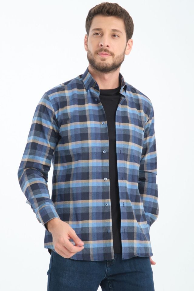 Varetta Erkek Mavi Kışlık Kareli Yünlü Cepli Geniş Kesim Gömlek