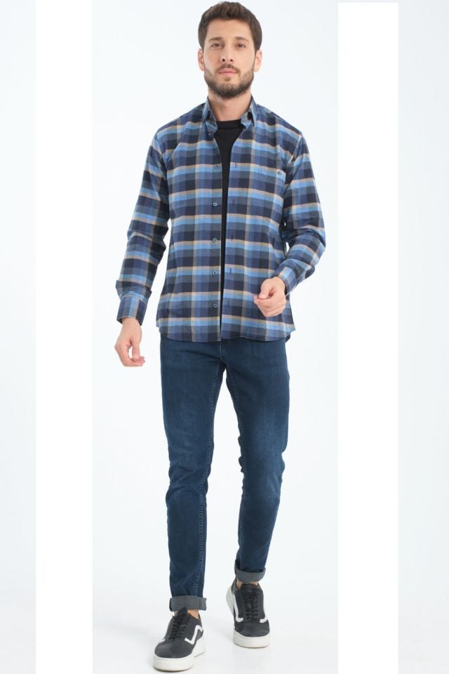 Varetta Erkek Mavi Kışlık Kareli Yünlü Cepli Geniş Kesim Gömlek