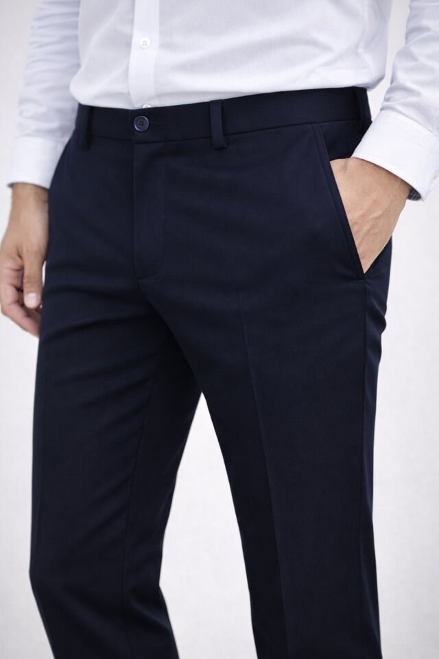 Varetta Erkek Lacivert Keten Pantolon Klasik Kesim Armürlü