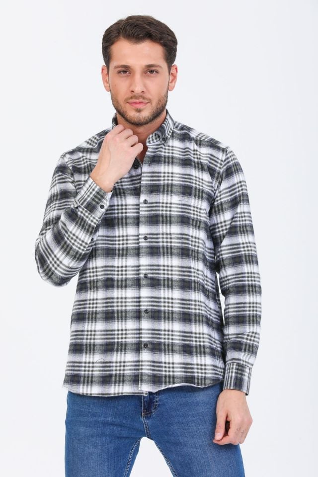 Varetta Erkek Yeşil Kışlık Gömlek Kareli Klasik Kesim Yaka Düğmeli