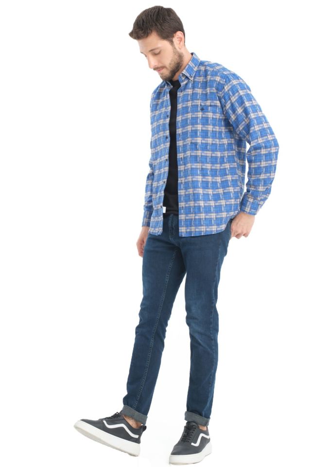 Varetta Erkek Mavi Kışlık Kareli Yünlü Cepli Geniş Kesim Gömlek