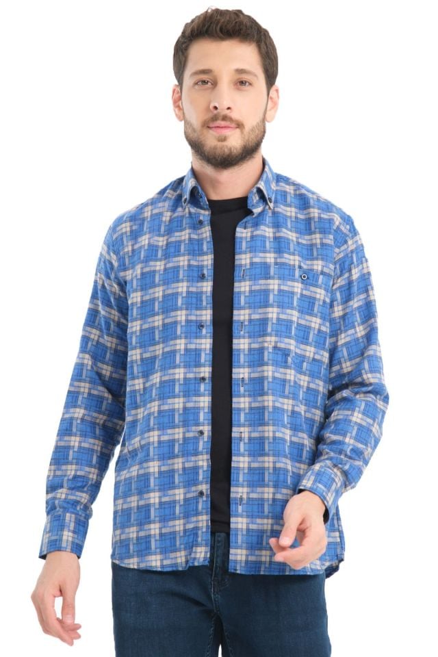 Varetta Erkek Mavi Kışlık Kareli Yünlü Cepli Geniş Kesim Gömlek