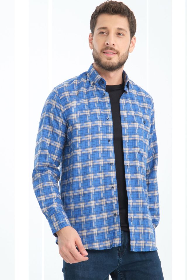 Varetta Erkek Mavi Kışlık Kareli Yünlü Cepli Geniş Kesim Gömlek