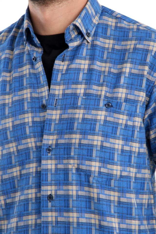 Varetta Erkek Mavi Kışlık Kareli Yünlü Cepli Geniş Kesim Gömlek