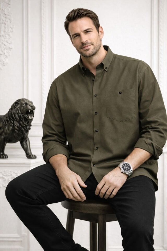 Varetta Erkek Yeşil Büyük Beden Cepli Uzun Kollu Gömlek