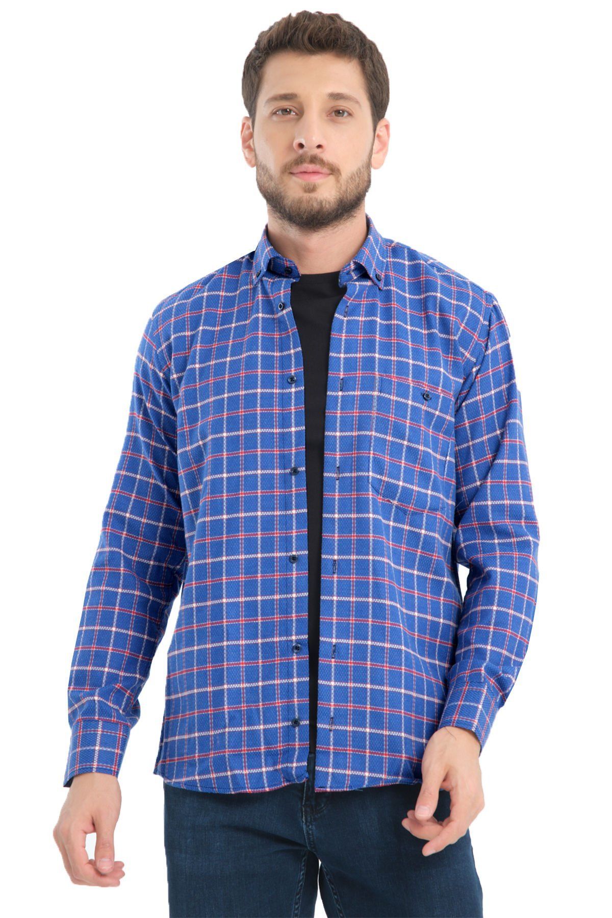 Varetta Erkek Mavi Kışlık Kareli Yünlü Cepli Geniş Kesim Gömlek