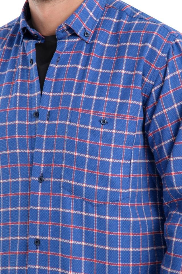 Varetta Erkek Mavi Kışlık Kareli Yünlü Cepli Geniş Kesim Gömlek