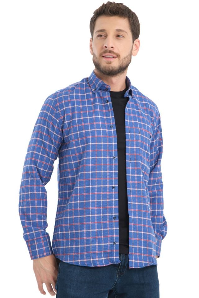Varetta Erkek Mavi Kışlık Kareli Yünlü Cepli Geniş Kesim Gömlek