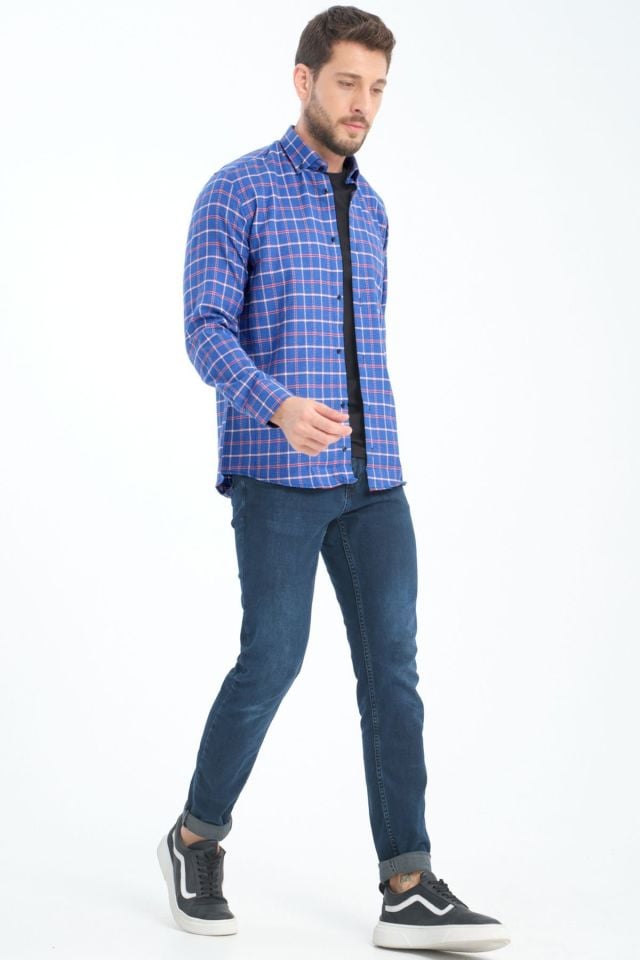 Varetta Erkek Mavi Kışlık Kareli Yünlü Cepli Geniş Kesim Gömlek