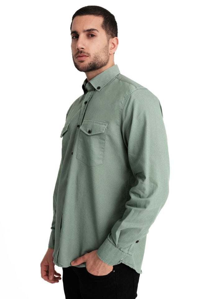 Varetta Erkek Yeşil Likralı Kot Gömlek – Çift Cepli Rahat Kalıp