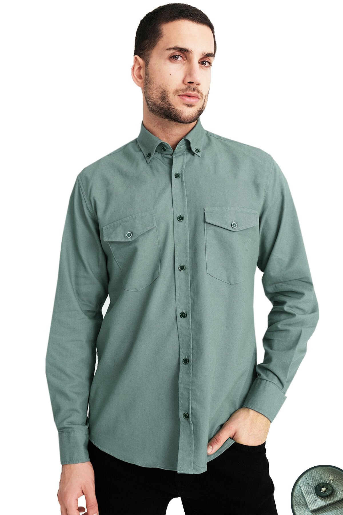 Varetta Erkek Yeşil Likralı Kot Gömlek – Çift Cepli Rahat Kalıp