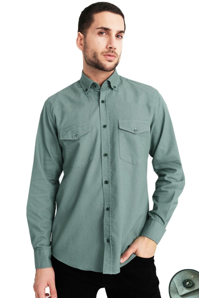 Varetta Erkek Yeşil Likralı Kot Gömlek – Çift Cepli Rahat Kalıp
