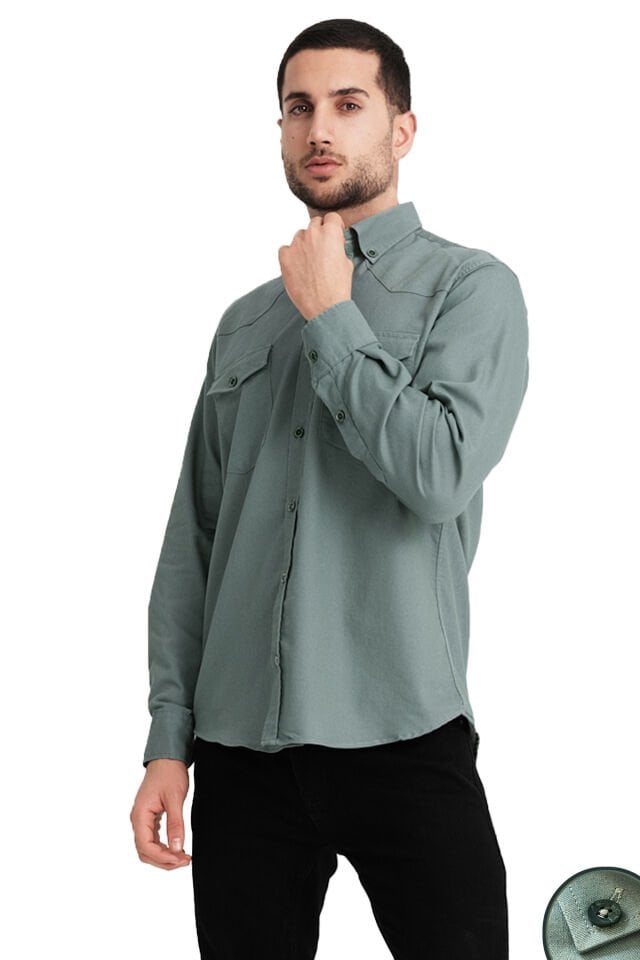 Varetta Erkek Yeşil Likralı Kot Gömlek – Çift Cepli Rahat Kalıp
