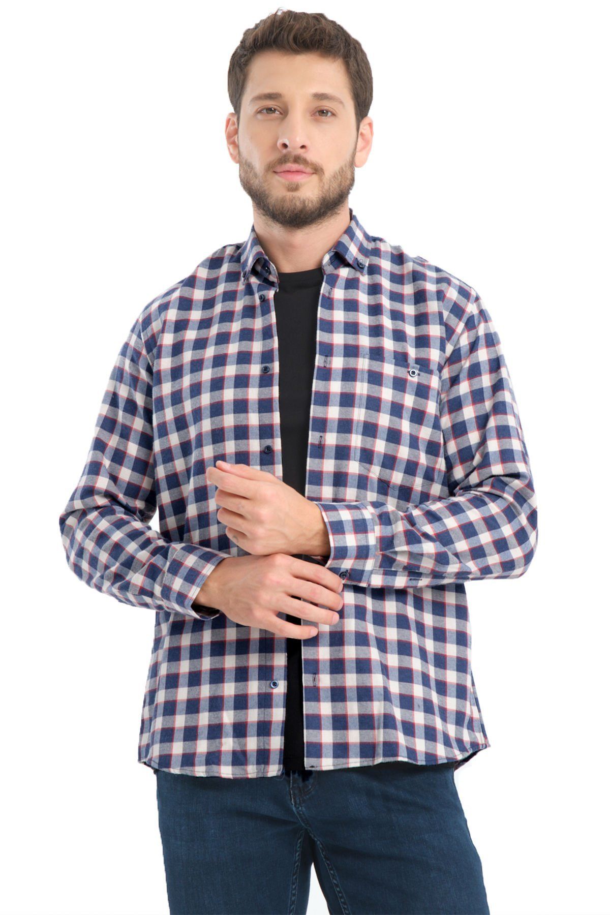 Varetta Erkek Mavi Kışlık Kareli Yünlü Cepli Geniş Kesim Gömlek