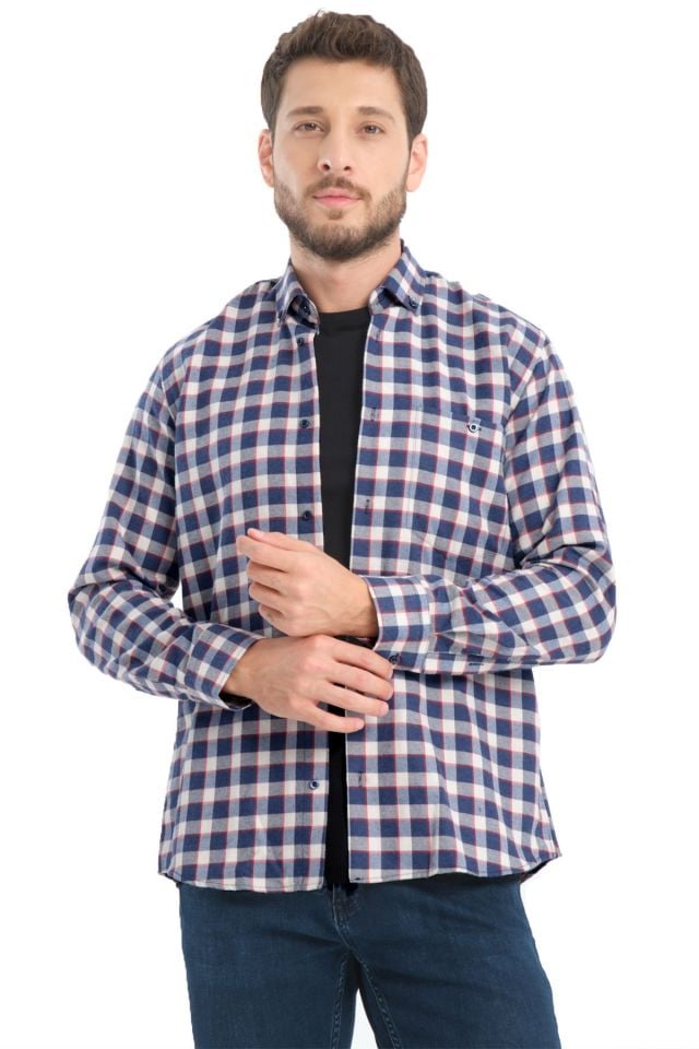 Varetta Erkek Mavi Kışlık Gömlek Kareli Yünlü Cepli Geniş Kesim