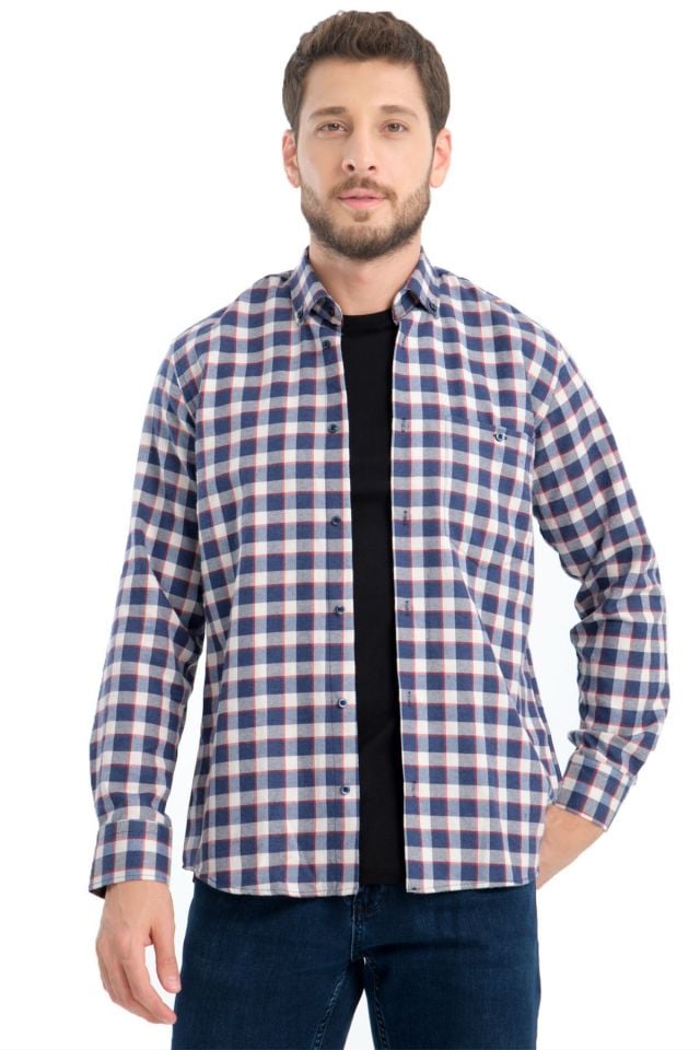 Varetta Erkek Mavi Kışlık Gömlek Kareli Yünlü Cepli Geniş Kesim
