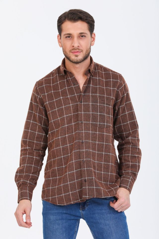 Varetta Erkek Kahverengi Kışlık Gömlek Kareli Klasik Kesim Yaka Düğmeli