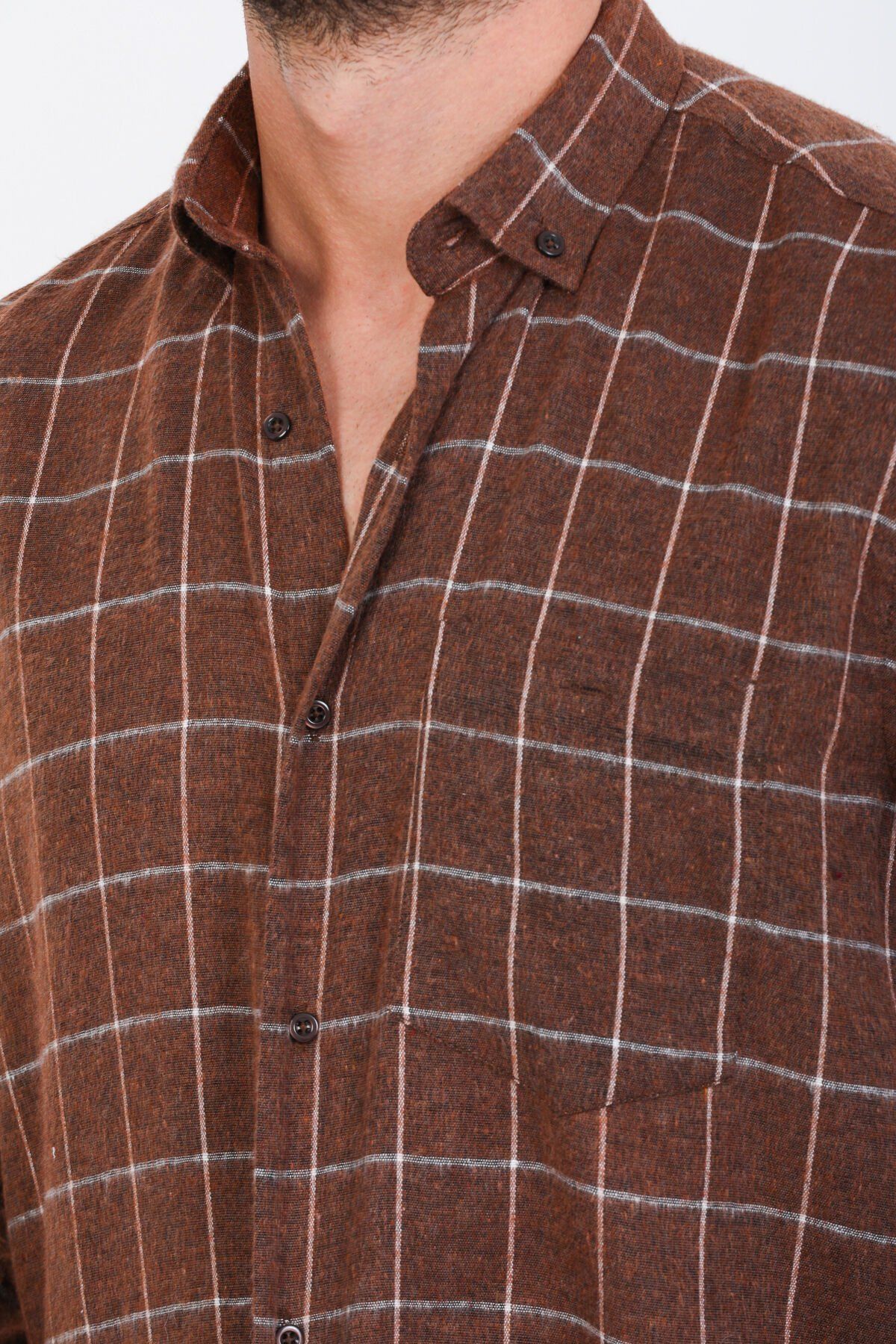 Varetta Erkek Kahverengi Kışlık Gömlek Kareli Klasik Kesim Yaka Düğmeli