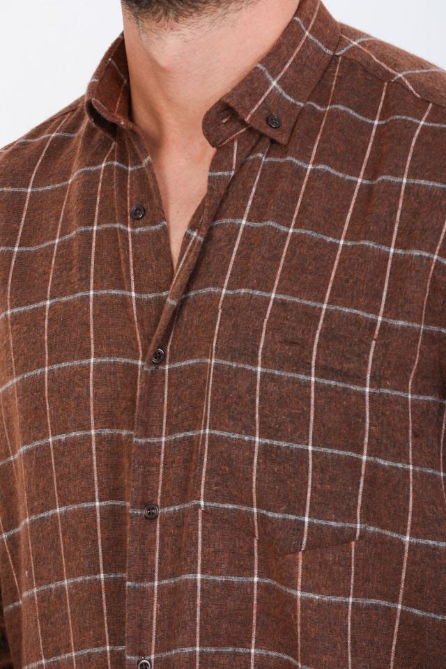 Varetta Erkek Kahverengi Kışlık Gömlek Kareli Klasik Kesim Yaka Düğmeli