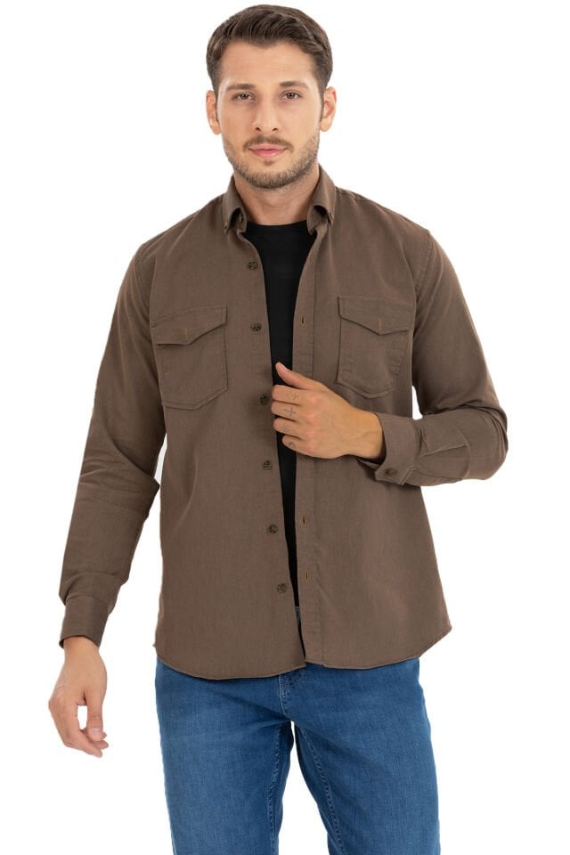 Varetta Erkek Çikolata Kahve Likralı Kot Gömlek – Çift Cepli Rahat Kalıp