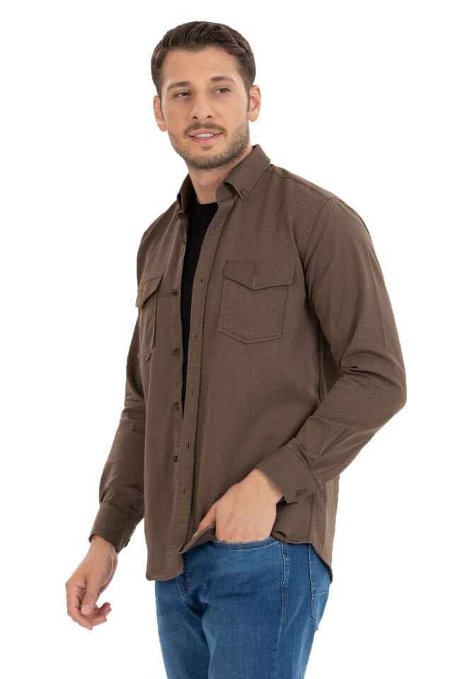 Varetta Erkek Çikolata Kahve Likralı Kot Gömlek – Çift Cepli Rahat Kalıp