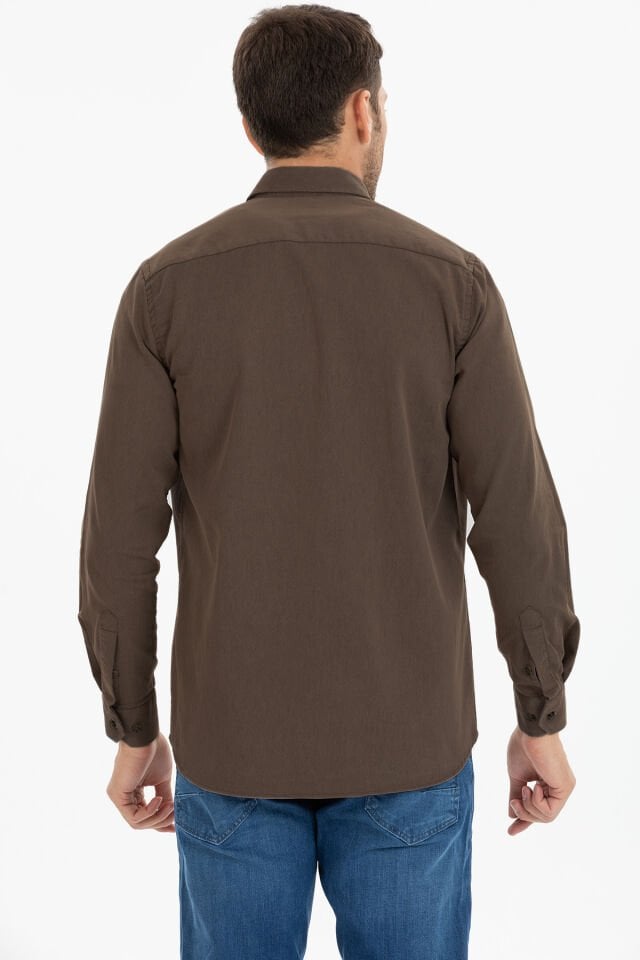 Varetta Erkek Çikolata Kahve Likralı Kot Gömlek – Çift Cepli Rahat Kalıp