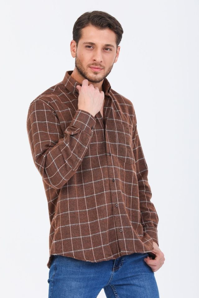 Varetta Erkek Kahverengi Kareli Klasik Kesim Yaka Düğmeli Kışlık Gömlek