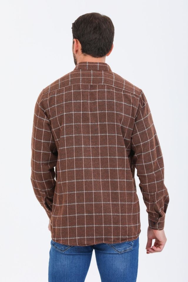Varetta Erkek Kahverengi Kareli Klasik Kesim Yaka Düğmeli Kışlık Gömlek