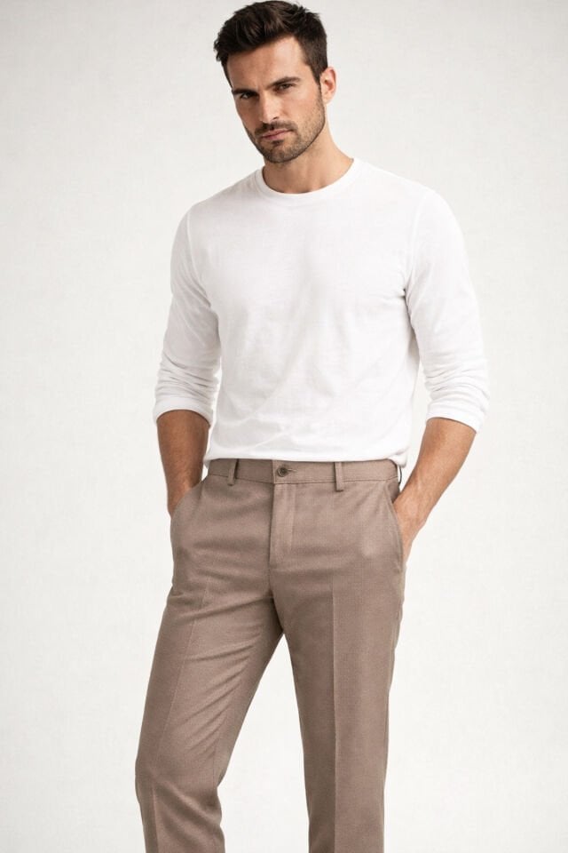 Varetta Erkek Camel Rengi Klasik Kesim Armürlü Keten Pantolon