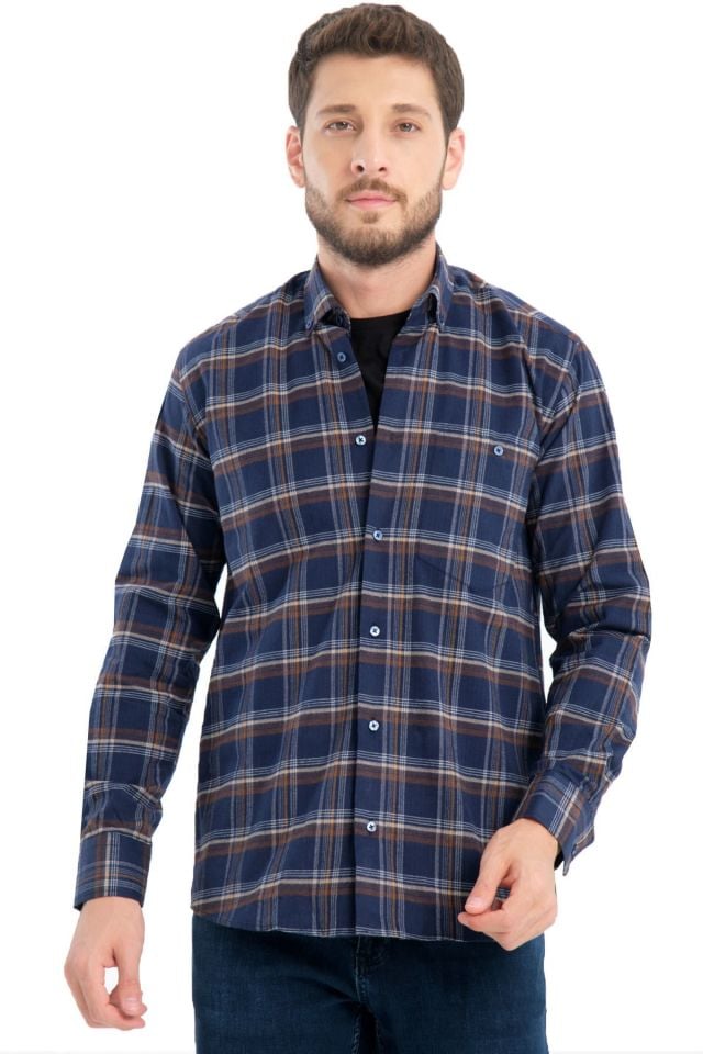 Varetta Erkek Lacivert Kışlık Kareli Yünlü Cepli Geniş Kesim Gömlek