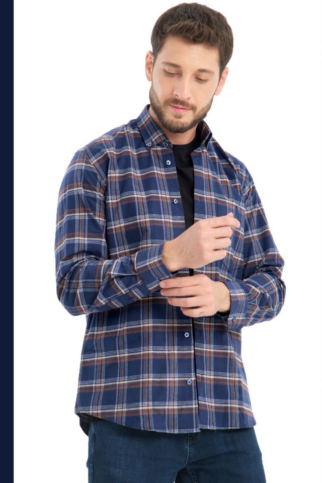 Varetta Erkek Lacivert Kışlık Kareli Yünlü Cepli Geniş Kesim Gömlek