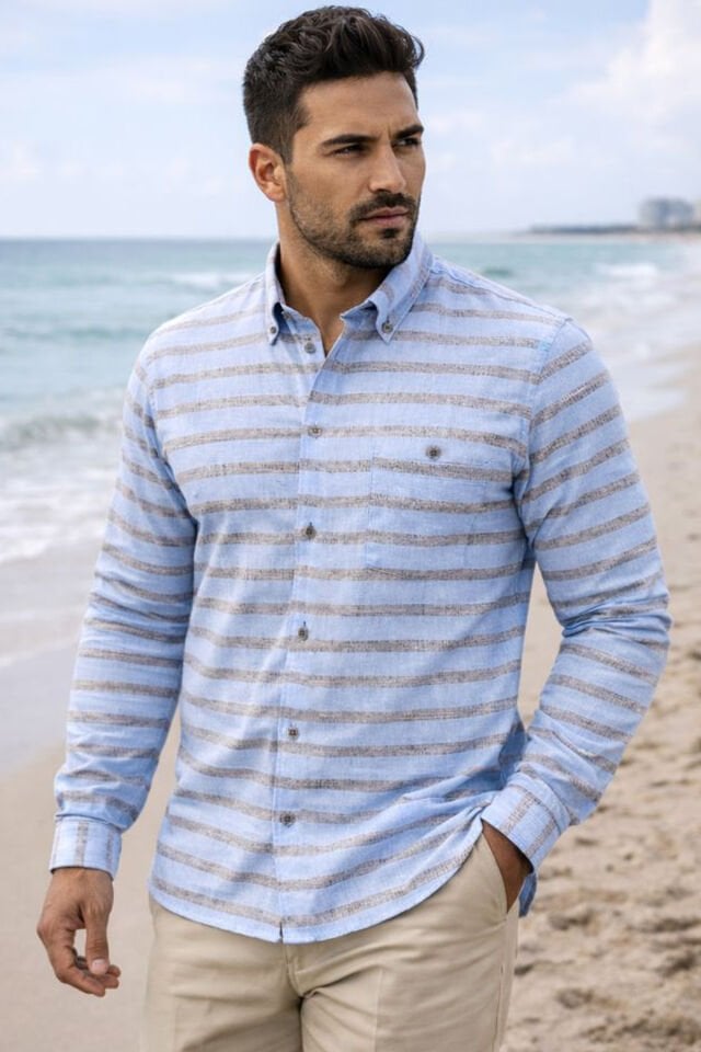 Varetta Erkek Mavi Gömlek Çizgili Pamuklu Gömlek